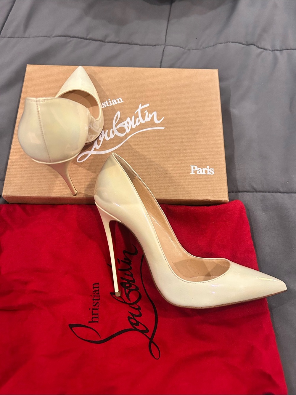Christian Louboutin Cream Patent Pointed-Toe Stiletto Pumps
